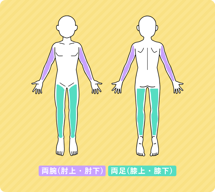 両腕(肘上・肘下)、両脚(膝上・膝下)